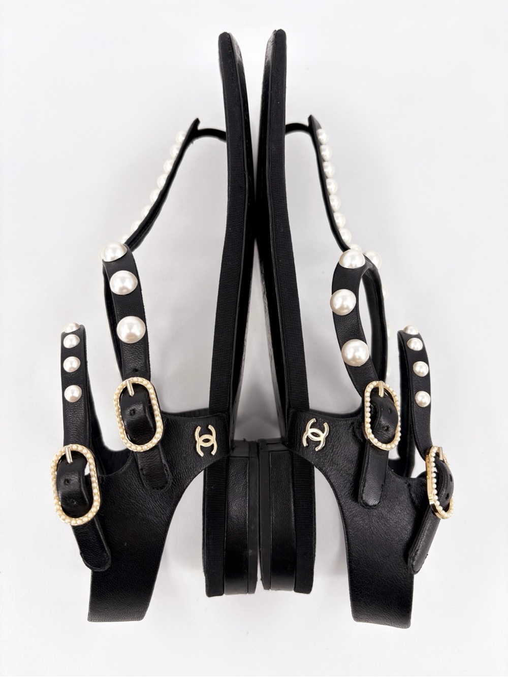 CHANEL Black Leather Pearl T-Strap Flat Thong Sandals 41 - Picture 10 of 15